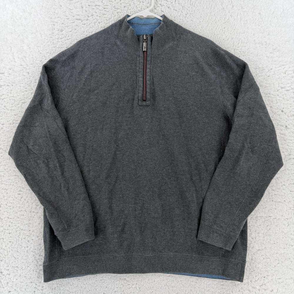 Tommy Bahama Sweater Mens XL Gray 1/4 Zip Mock Neck Reversible Pullover Logo